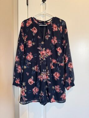 Abercrombie & Fitch Navy Floral Romper with Red and Pink Roses